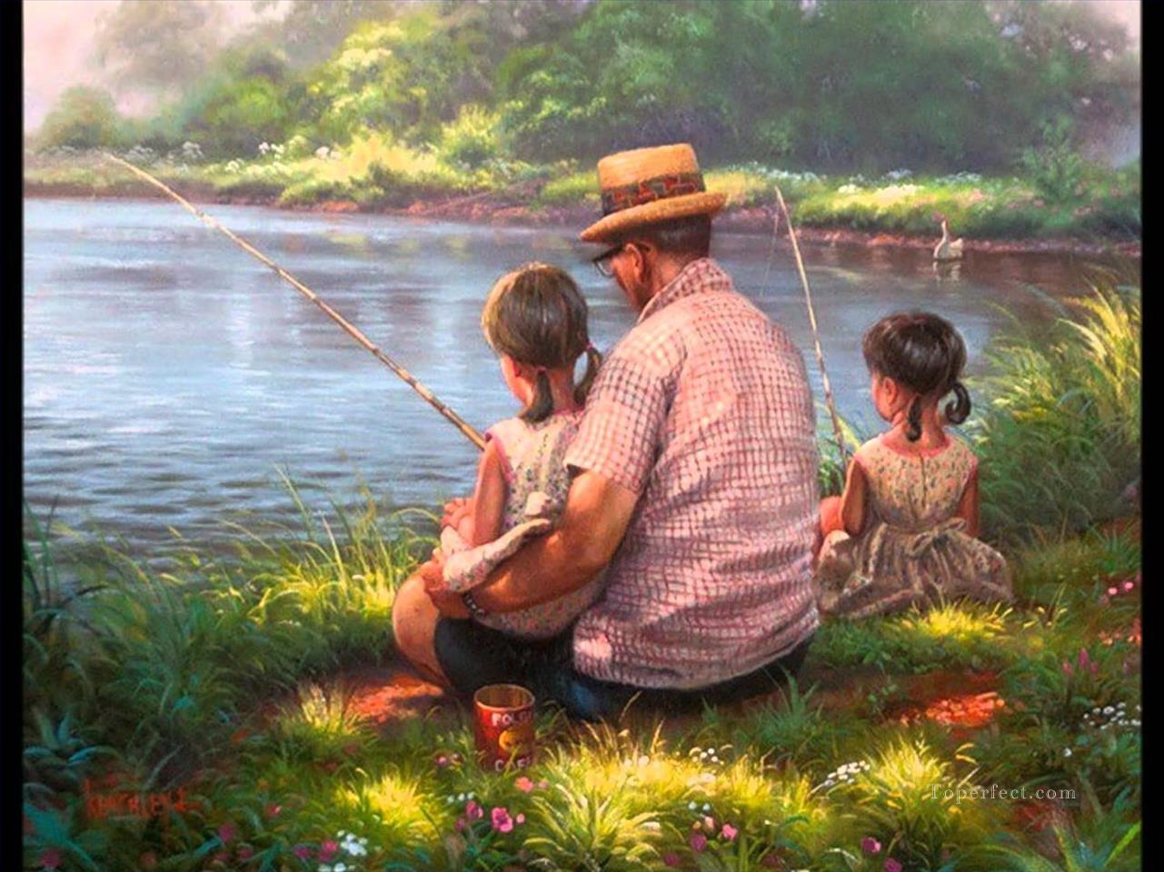 Fischerei Vater und Tochter Karikatur für Kinder Ölgemälde